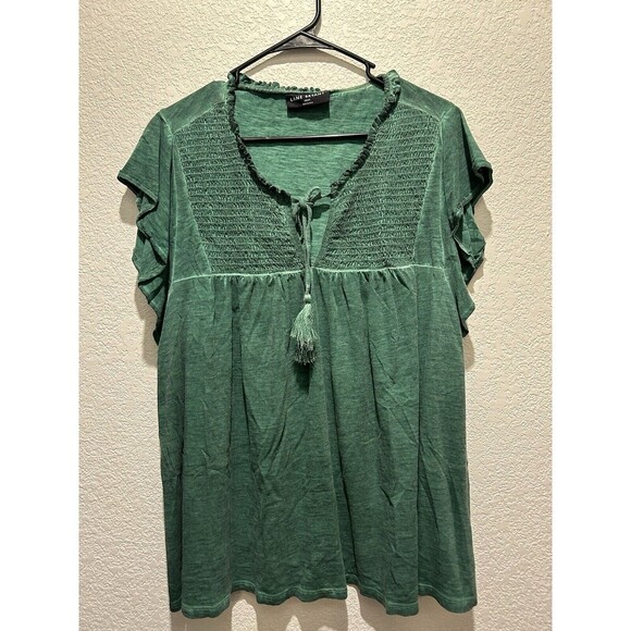 Lane Bryant Top Womens 22/24 Green Smocked Flutter Sleeve Tassel Tie Boho Knit - Picture 1 of 7